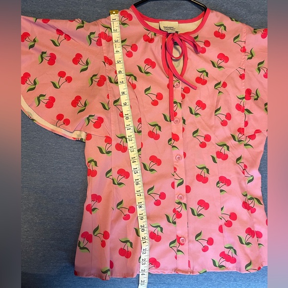 Unique Vintage Hot Pink Cherry Tie Neck Blouse 50s 60s Inspired Pinup Kawaii - Picture 6 of 7